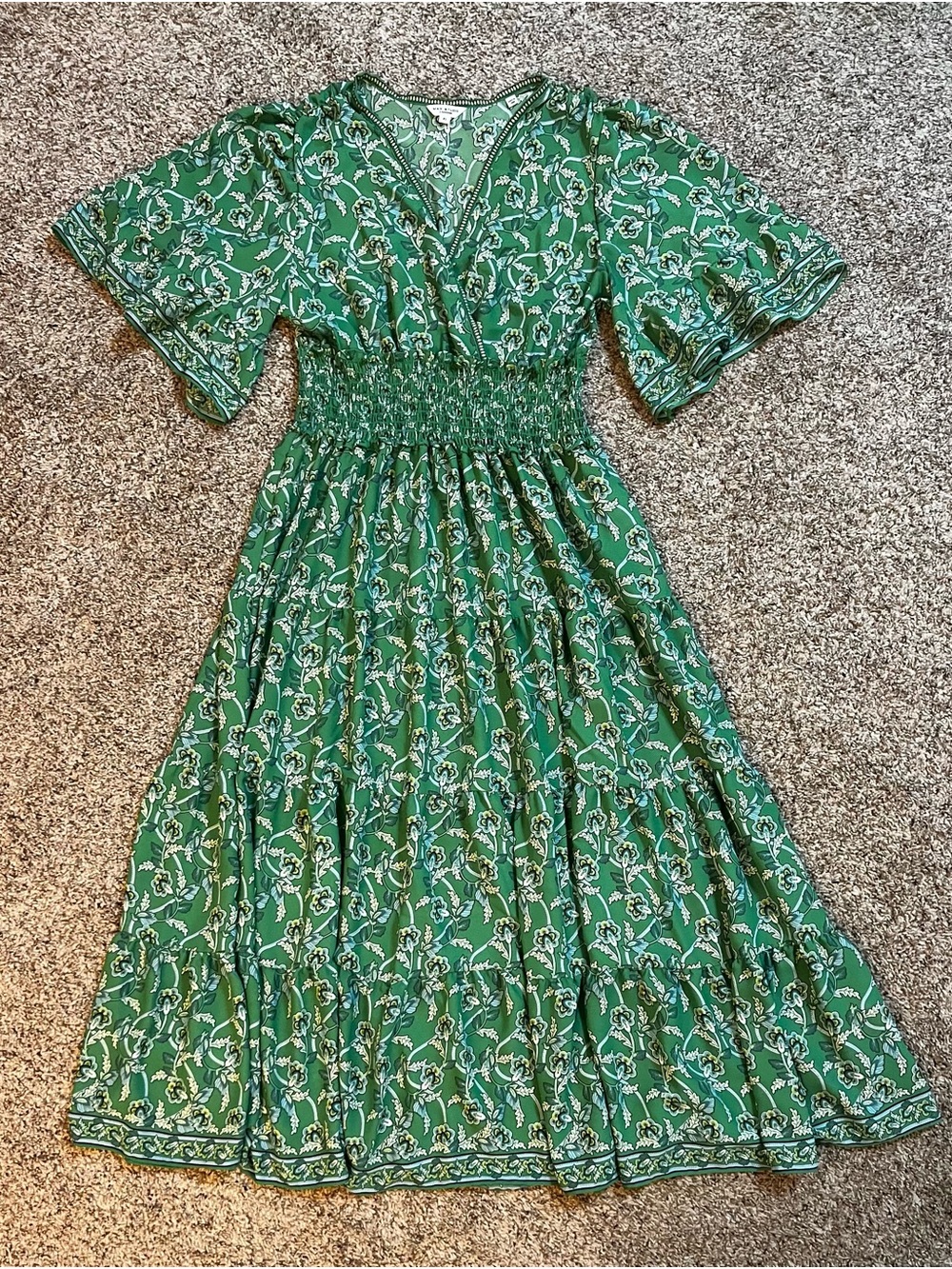 Max Studio Green Floral V-Neck Smocked Midi Dress